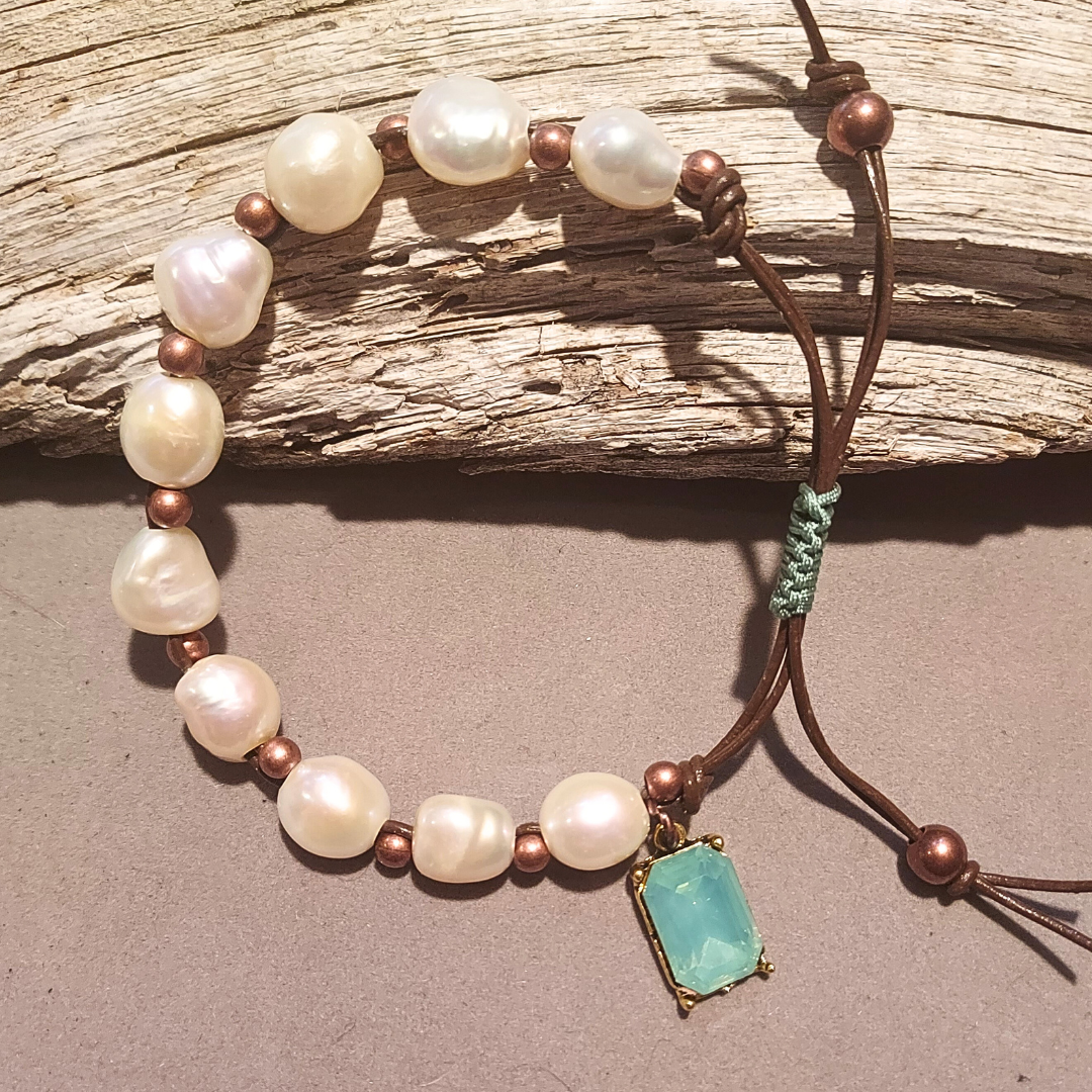 "Good Karma" Baroque Pearl Adjustable Leather Bracelet - Artisan Made