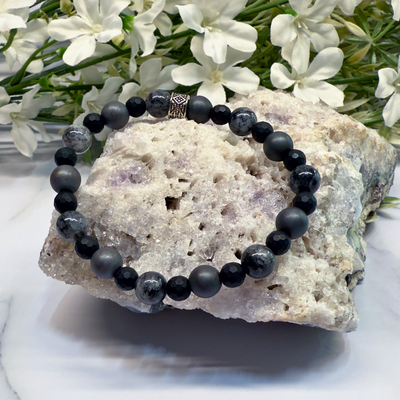 Gray Hematite, Black Rutile Quartz, Matte Onyx Stretch Bracelet – Artisan Made