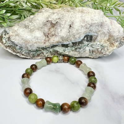 Green Canadian Jade, Ice Mountain Jade and Black Rosewood Stretch Bracelet-Artisan Made