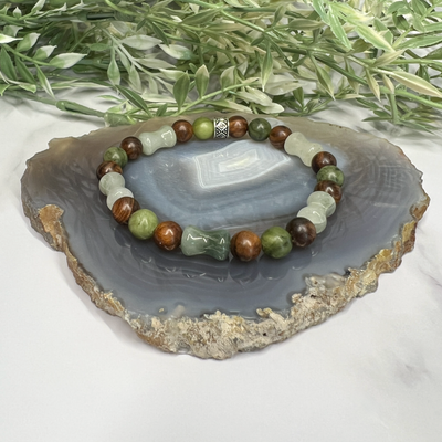 Green Canadian Jade, Ice Mountain Jade and Black Rosewood Stretch Bracelet-Artisan Made