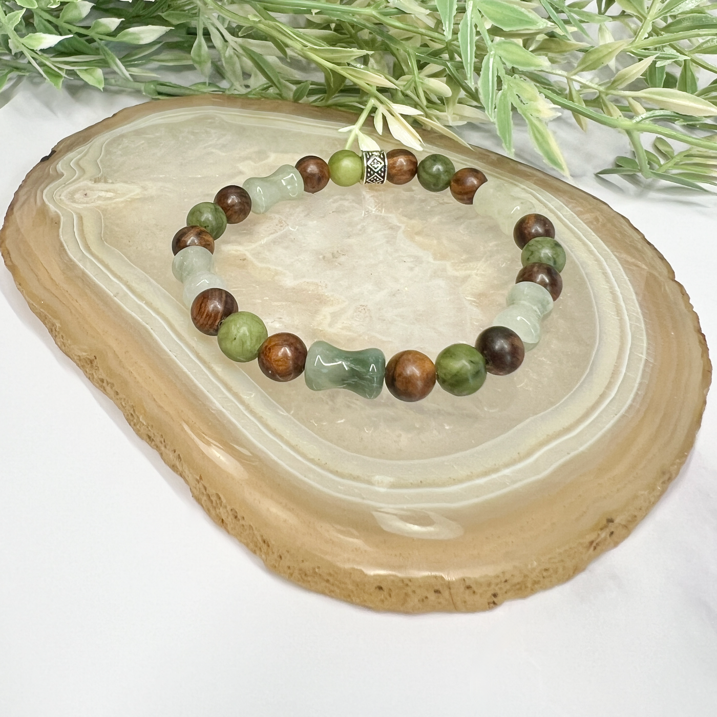 Green Canadian Jade, Ice Mountain Jade and Black Rosewood Stretch Bracelet-Artisan Made