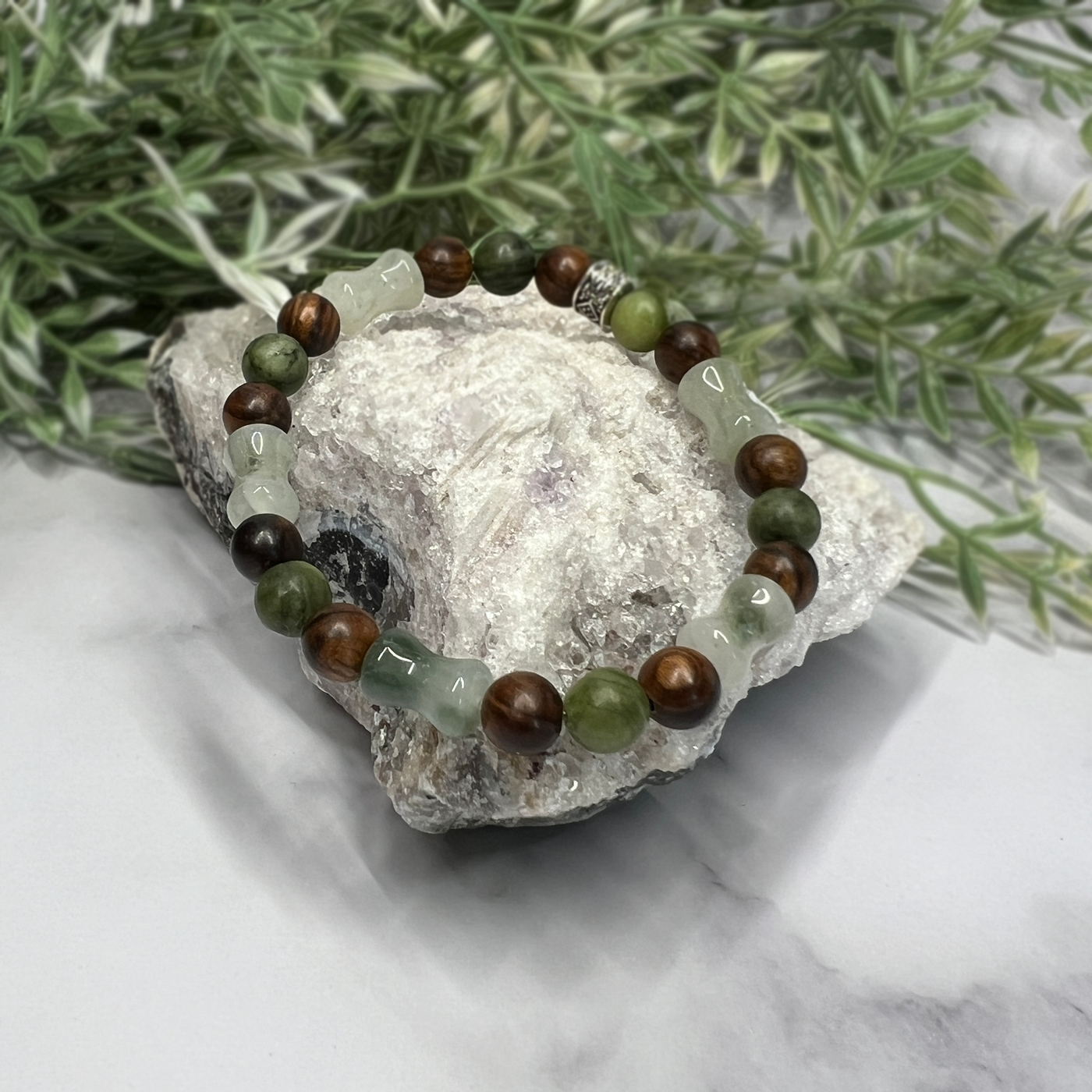 Green Canadian Jade, Ice Mountain Jade and Black Rosewood Stretch Bracelet-Artisan Made