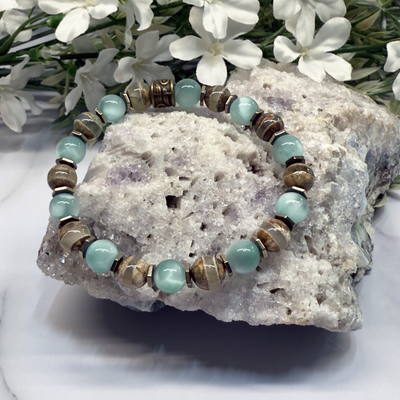 Green Moonstone, Tibetan Agate Dzi, Titanium Pyrite Bracelet – Artisan Made