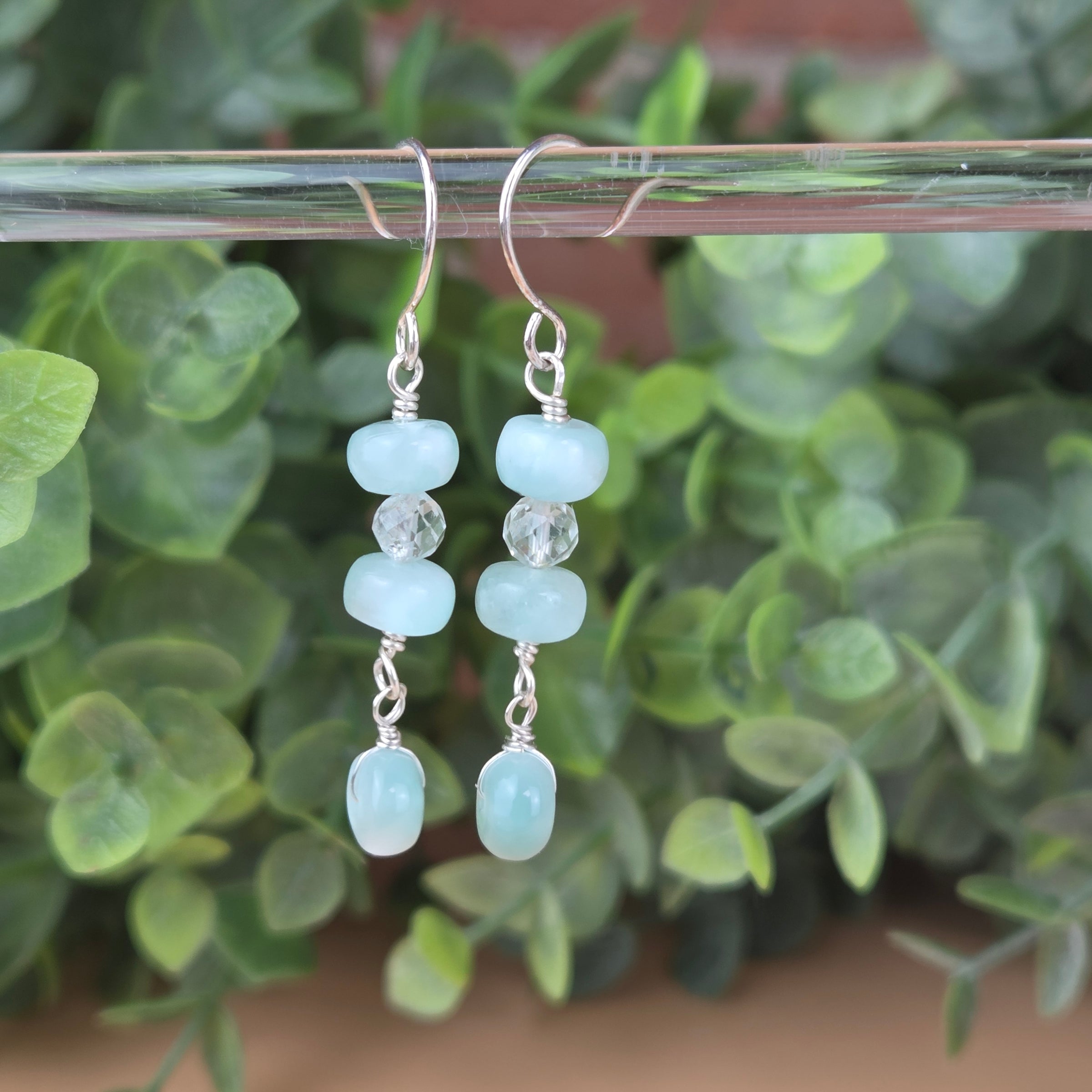 Green Moonstone and Aquamarine Dangle Earrings -Artisan Made