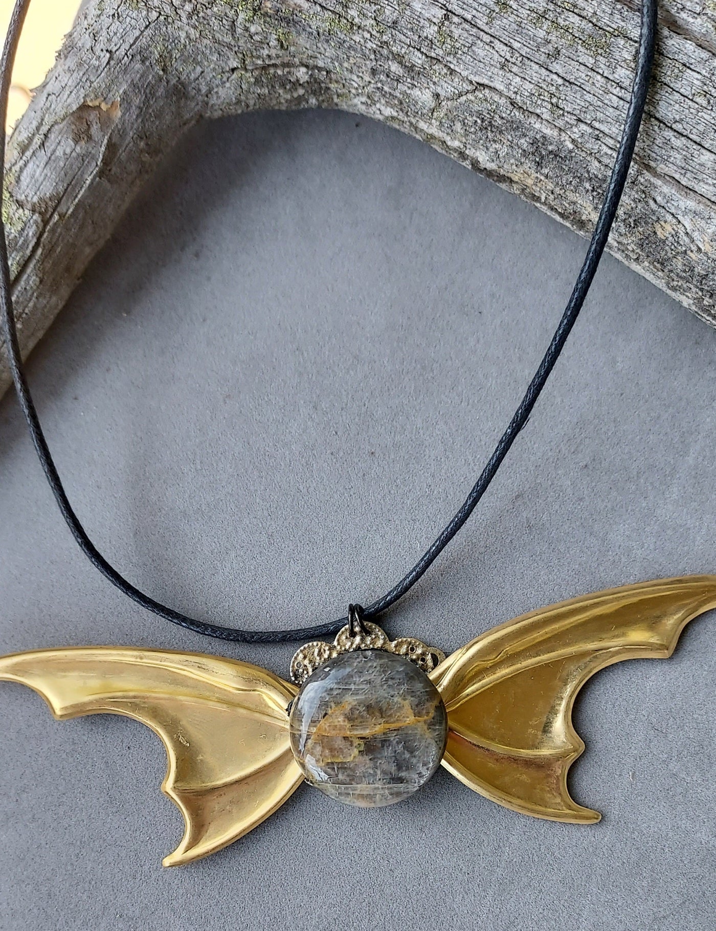 "Guardian of New Beginnings" Silver Leaf Jasper Bat Wing Necklace - Artisan Made