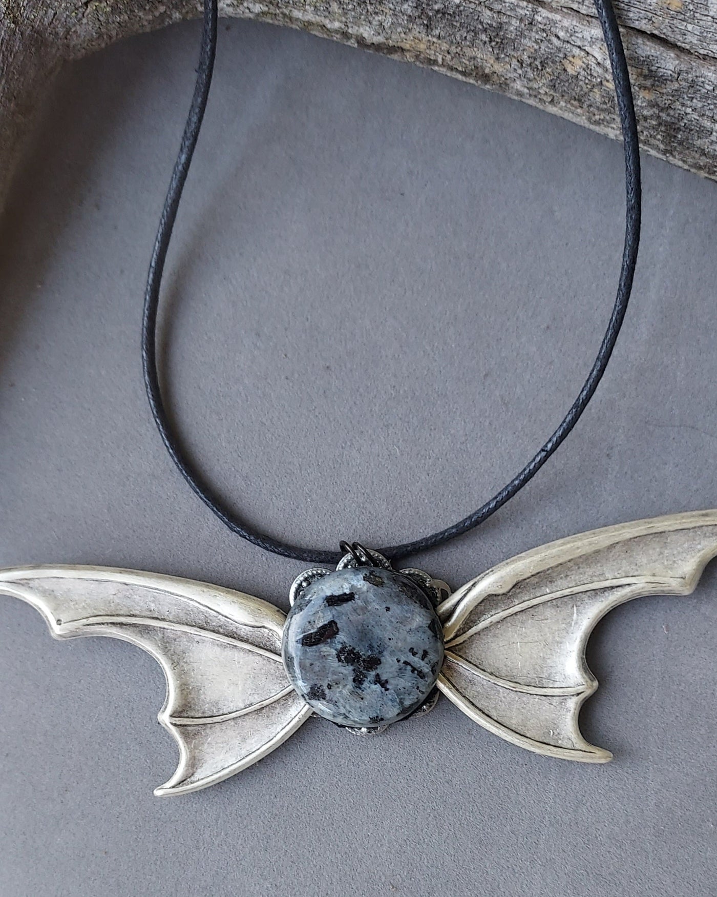 "Guardian of the Night" Black Sunstone Bat Wing Necklace - Artisan Made