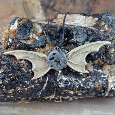 "Guardian of the Night" Black Sunstone Bat Wing Necklace - Artisan Made