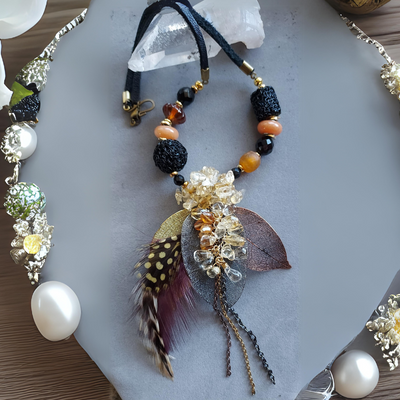 "Harmony & Vibrant Energy" Imperial Citrine, Leaves & Feather Necklace - Artisan Made