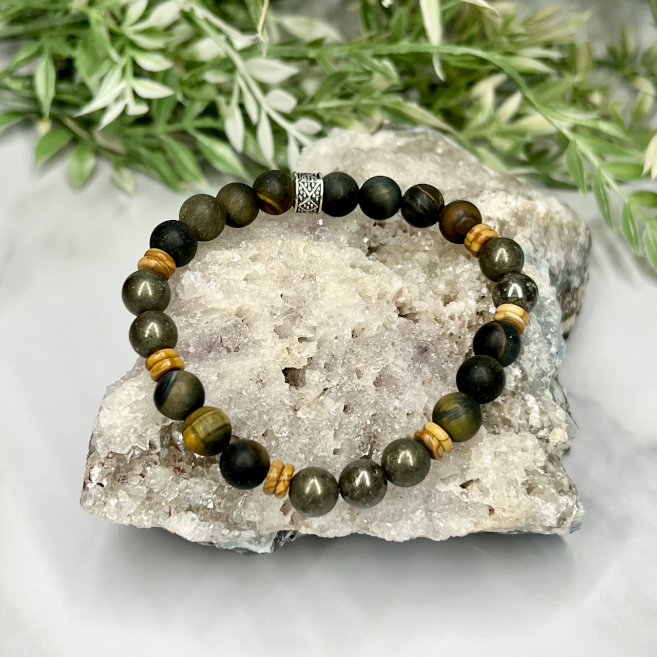 Hawk's Eye, Pyrite and Brecciated Jasper Unisex Bracelet - Artisan Made