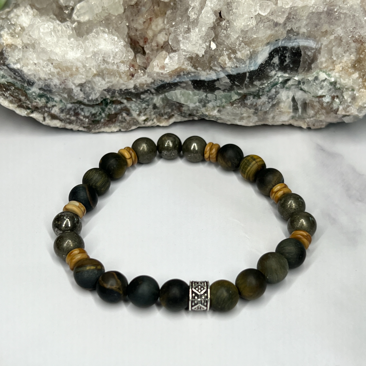 Hawk's Eye, Pyrite and Brecciated Jasper Unisex Bracelet - Artisan Made