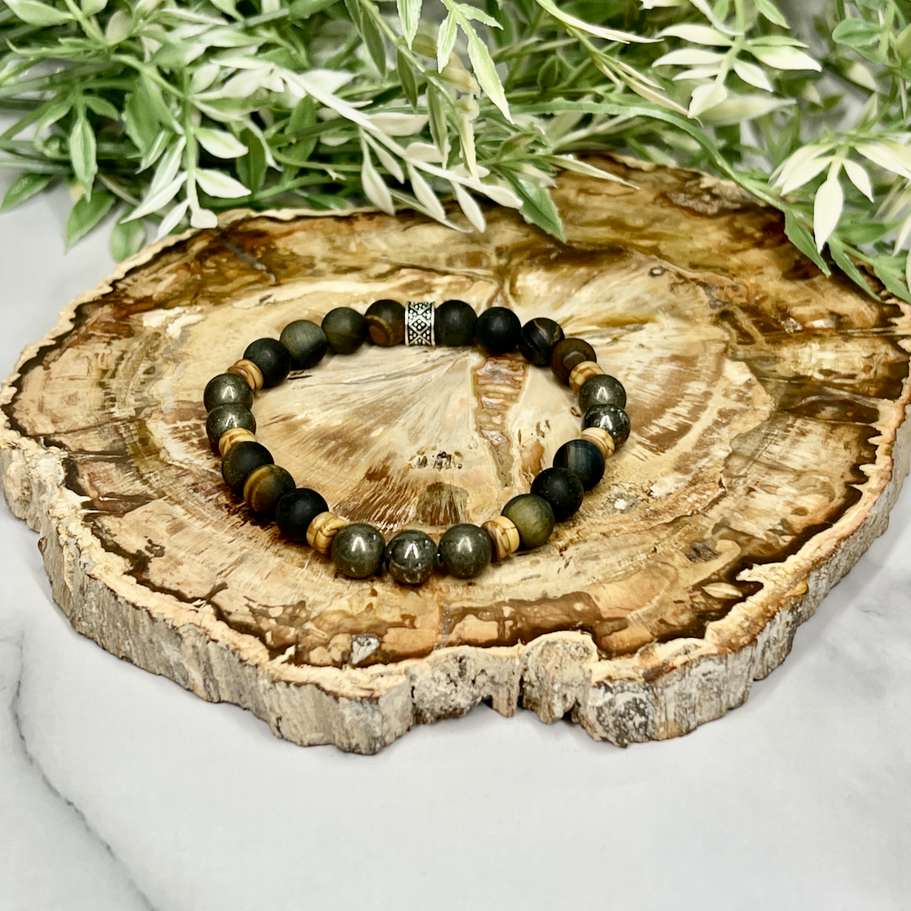 Hawk's Eye, Pyrite and Brecciated Jasper Unisex Bracelet - Artisan Made