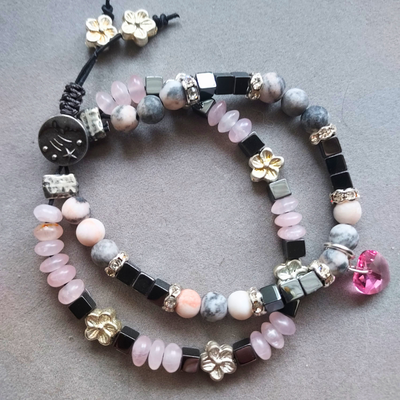 "Heart Connection" Rose Quartz, Jasper & Hematite 2-Strand Leather Bracelet- Artisan Made