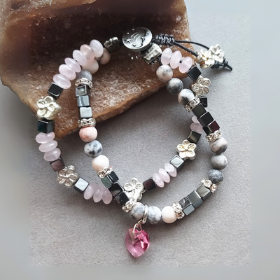 "Heart Connection" Rose Quartz, Jasper & Hematite 2-Strand Leather Bracelet- Artisan Made