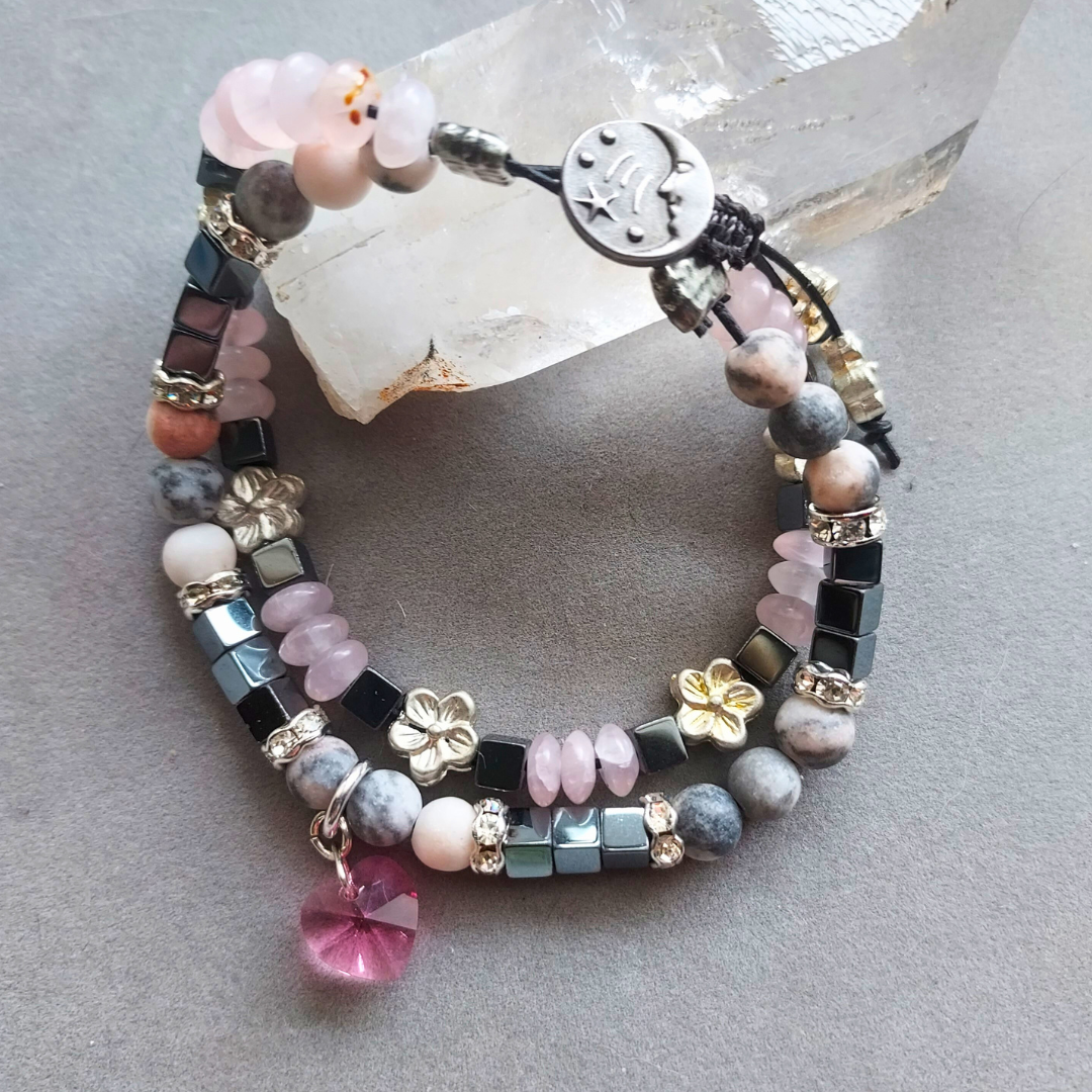 "Heart Connection" Rose Quartz, Jasper & Hematite 2-Strand Leather Bracelet- Artisan Made