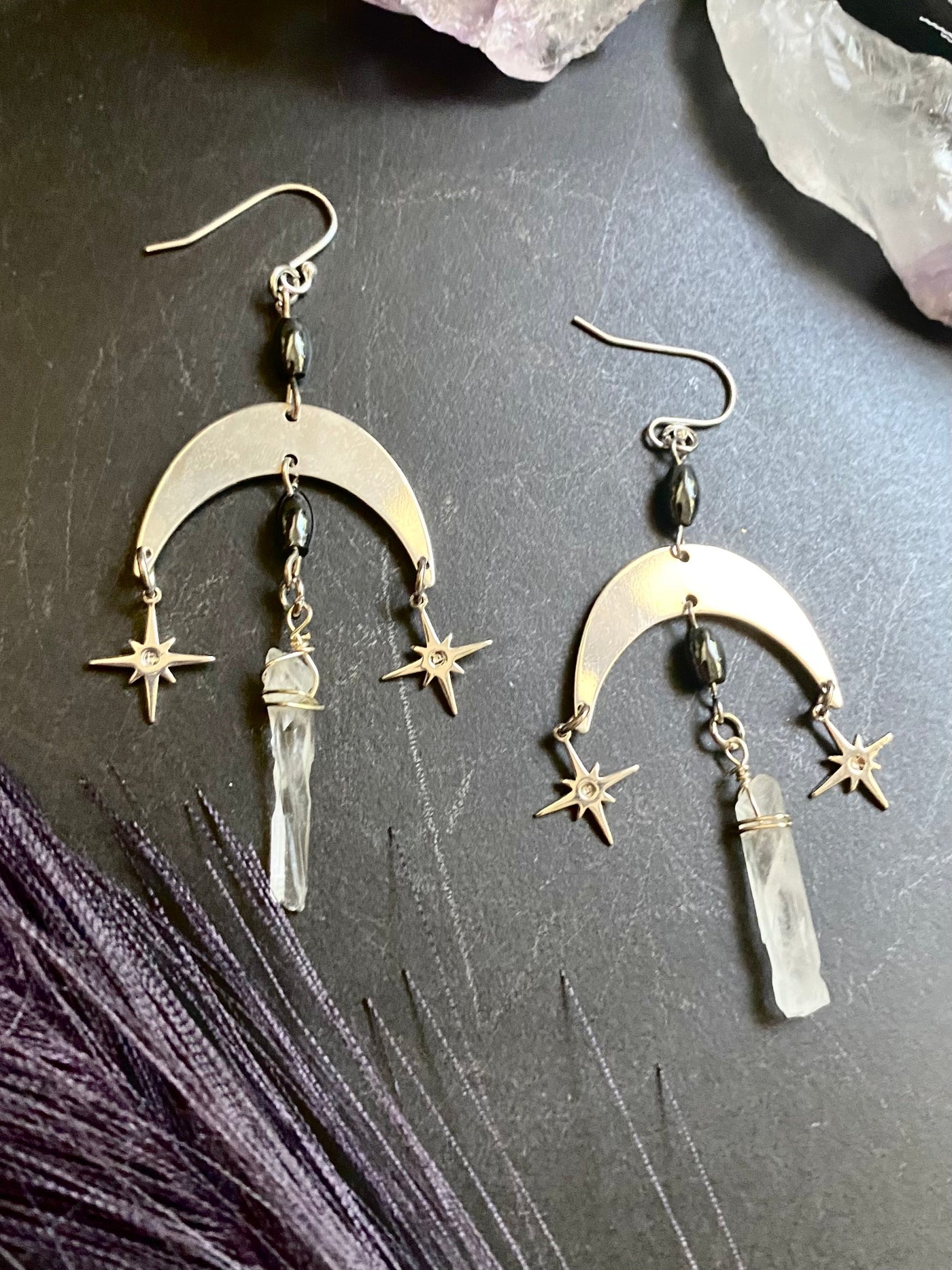 Hematite & Quartz Witchy Moon Earrings - Artisan Made