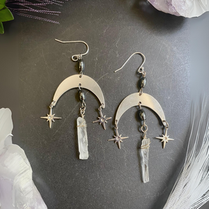 Hematite & Quartz Witchy Moon Earrings - Artisan Made