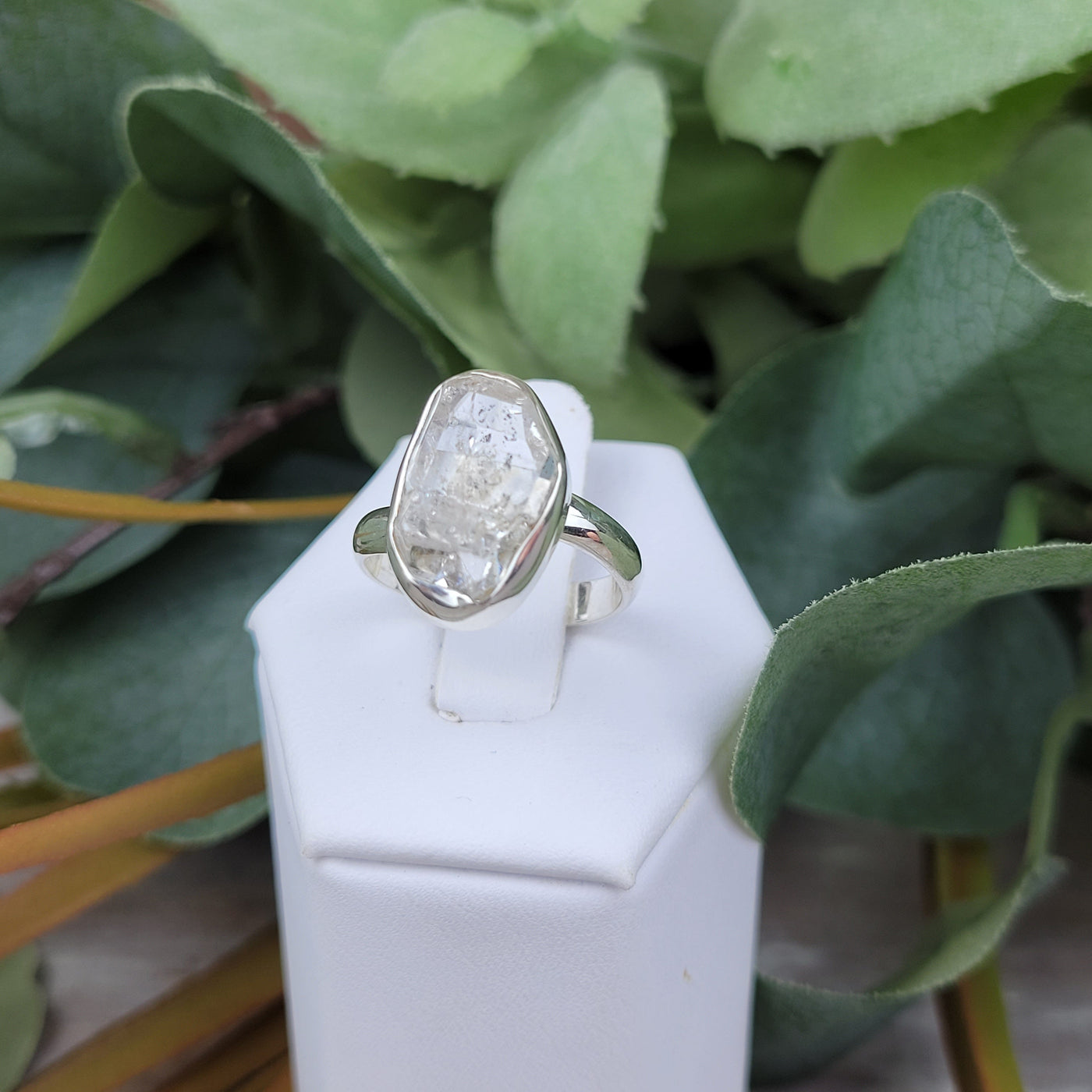 Herkimer Diamond Ring Natural .5" with sterling silver Sized Band