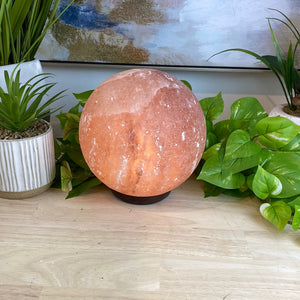 Himalayan Globe Salt Lamp on Wooden Base with bulb and cord