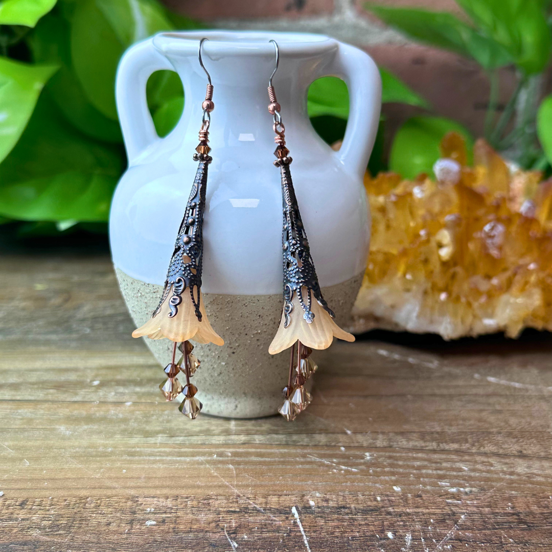 "Honeysuckle" Smoky Topaz Swarovski Crystal & Peach Trumpet Flower Earrings - Artisan Made