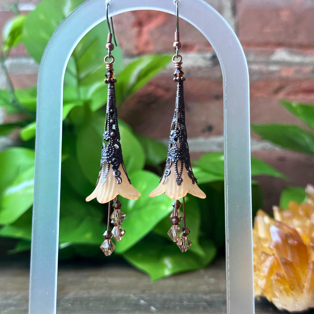 "Honeysuckle" Smoky Topaz Swarovski Crystal & Peach Trumpet Flower Earrings - Artisan Made