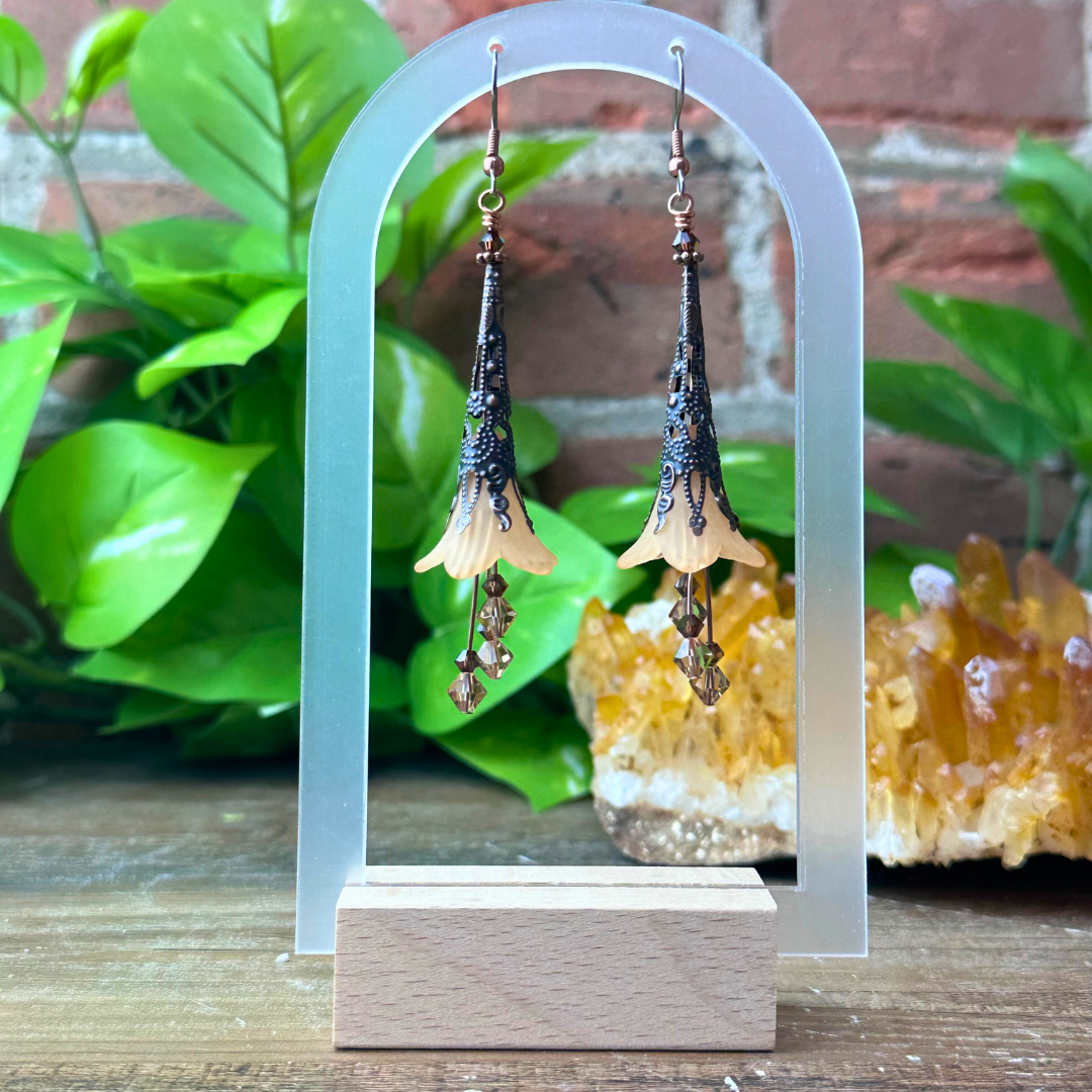 "Honeysuckle" Smoky Topaz Swarovski Crystal & Peach Trumpet Flower Earrings - Artisan Made