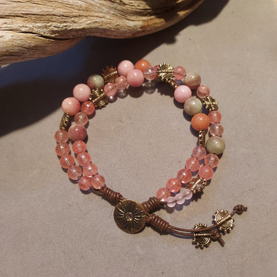 "Inca Sun" 2-Strand Gemstone & Leather Bracelet - Artisan Made
