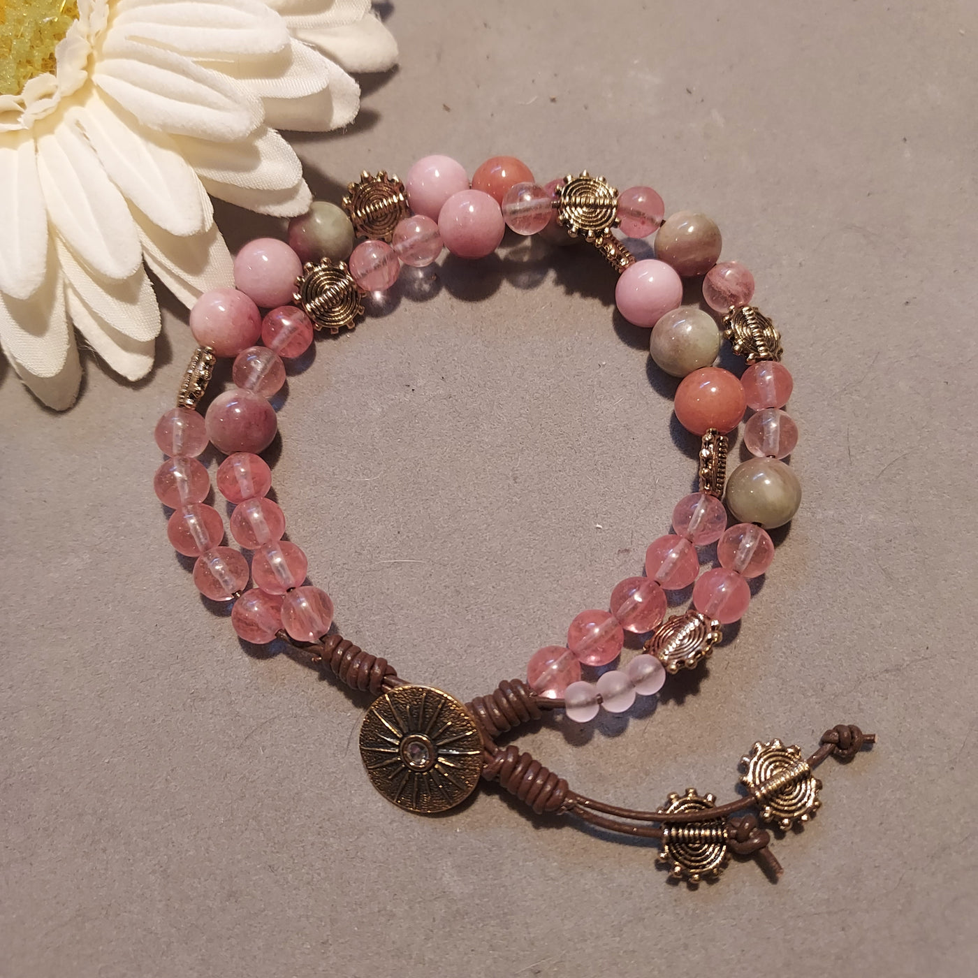 "Inca Sun" 2-Strand Gemstone & Leather Bracelet - Artisan Made