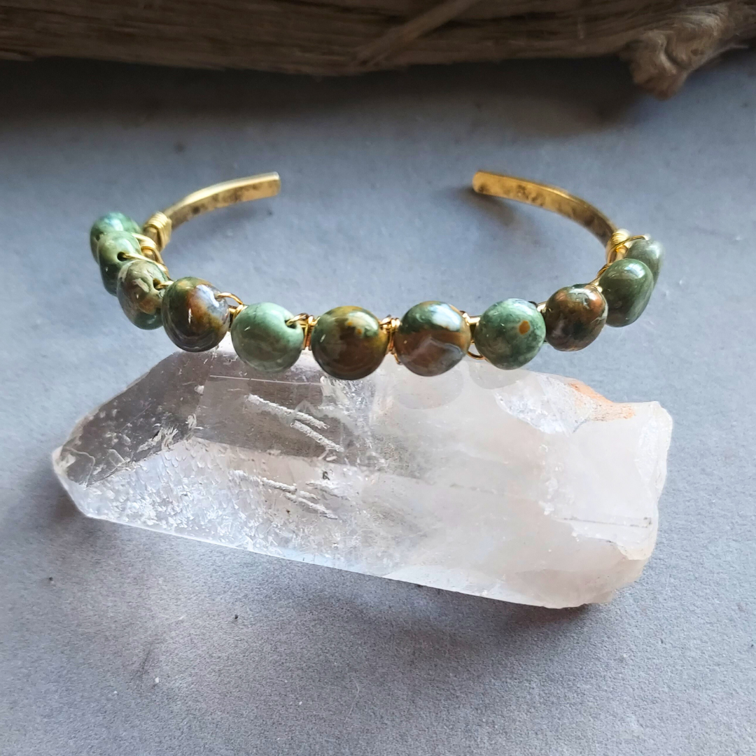 "Irish Moss" Rhyolite & Gold Cuff Bracelet- Artisan Made