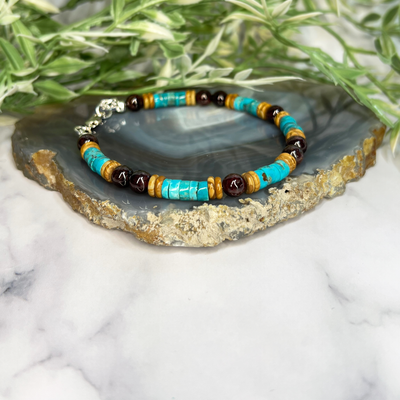 Kingman Turquoise, Garnet and Wood Jasper bracelet - Artisan Made