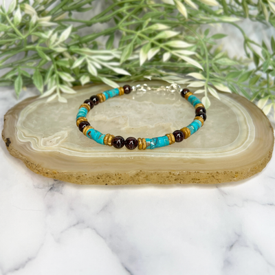 Kingman Turquoise, Garnet and Wood Jasper bracelet - Artisan Made