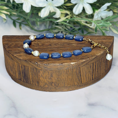 Kyanite and Freshwater Pearl Bracelet- Artisan Made