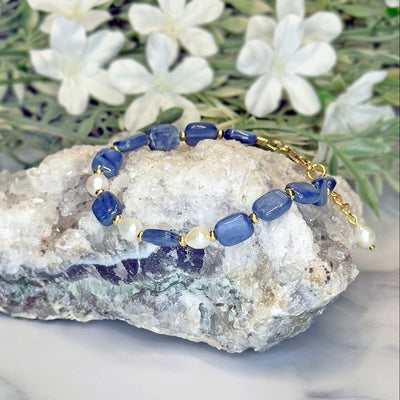 Kyanite and Freshwater Pearl Bracelet- Artisan Made