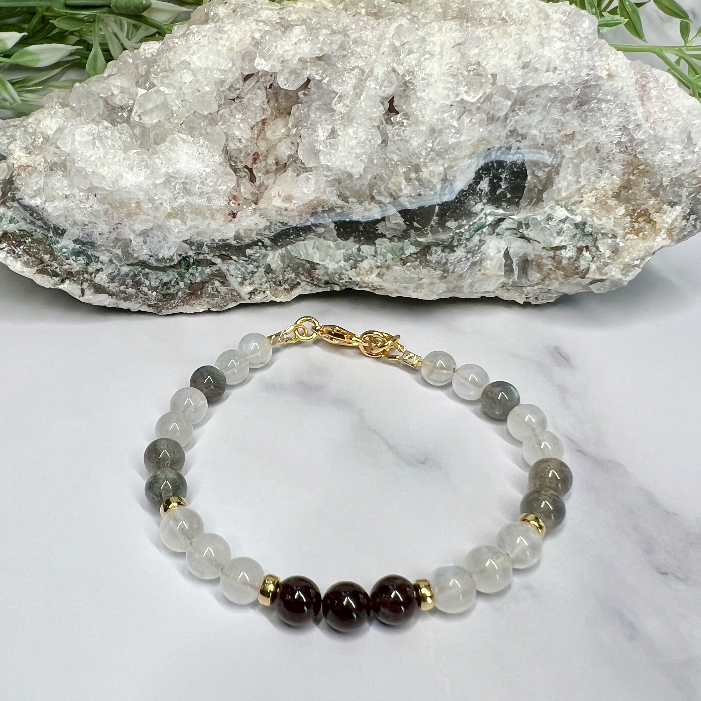 Labradorite, Moonstone and Garnet Adjustable Bracelet- Artisan Made