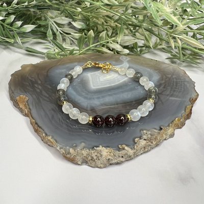 Labradorite, Moonstone and Garnet Adjustable Bracelet- Artisan Made