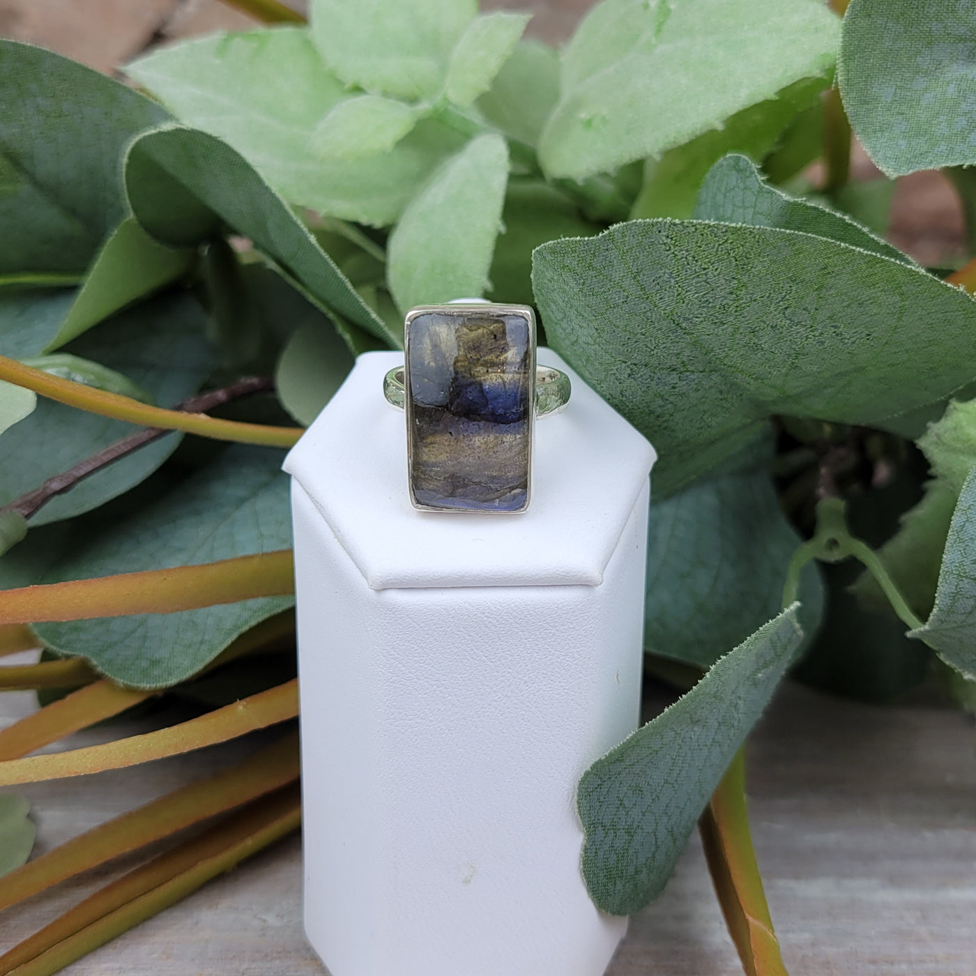 Labradorite Polished Ring `~1" Sterling Silver Adjustable Freeform Ring
