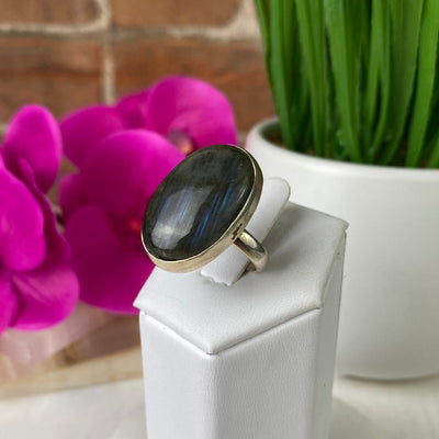 Labradorite Polished Ring 1" with sterling silver Sized/Adjustable Band