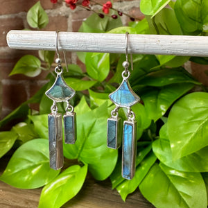 Labradorite Rectangle and Curved Triangle Sterling Silver Earrings
