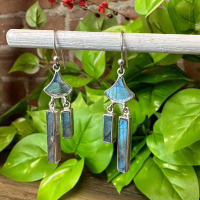Labradorite Rectangle and Curved Triangle Sterling Silver Earrings