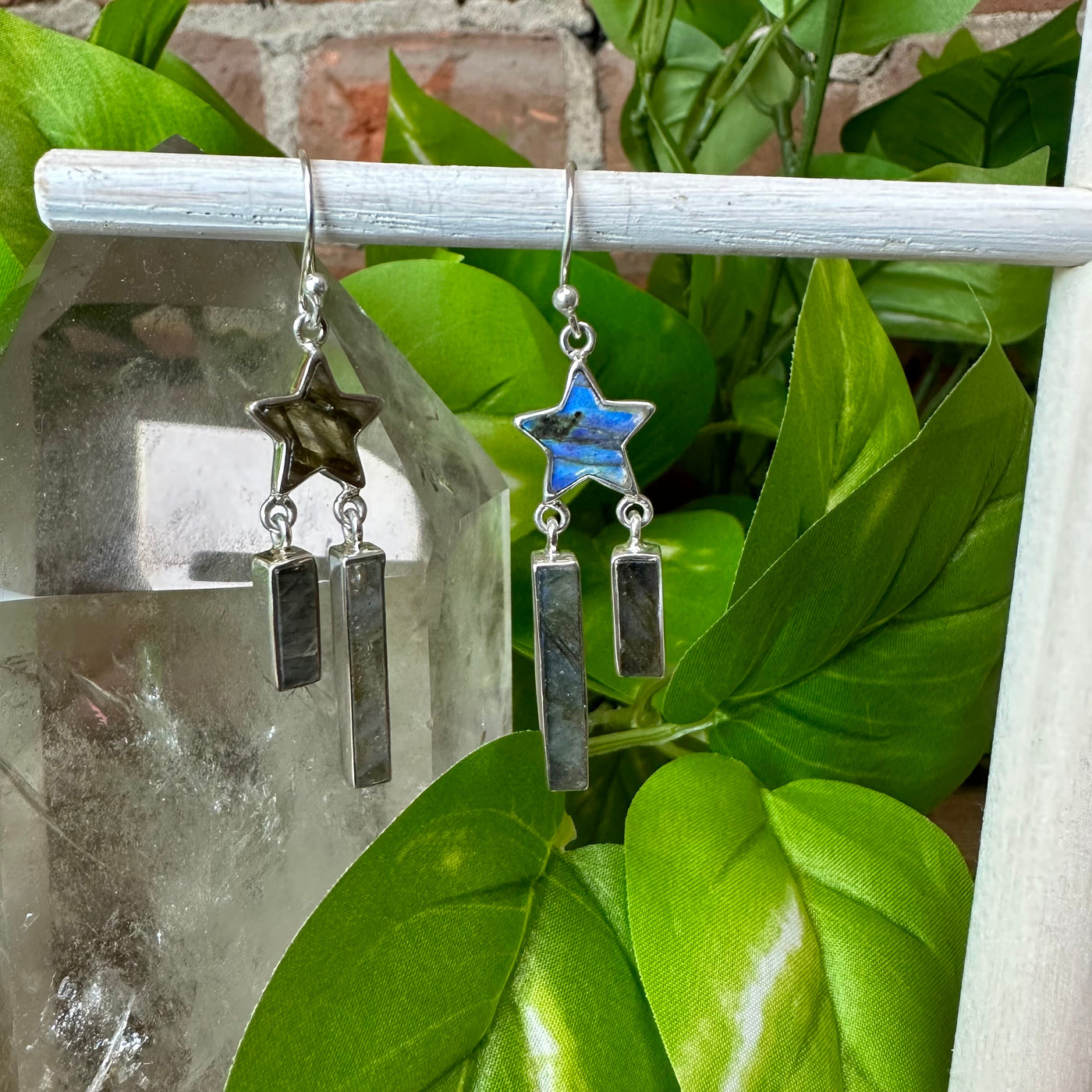 Labradorite Rectangle and Star Sterling Silver Earrings