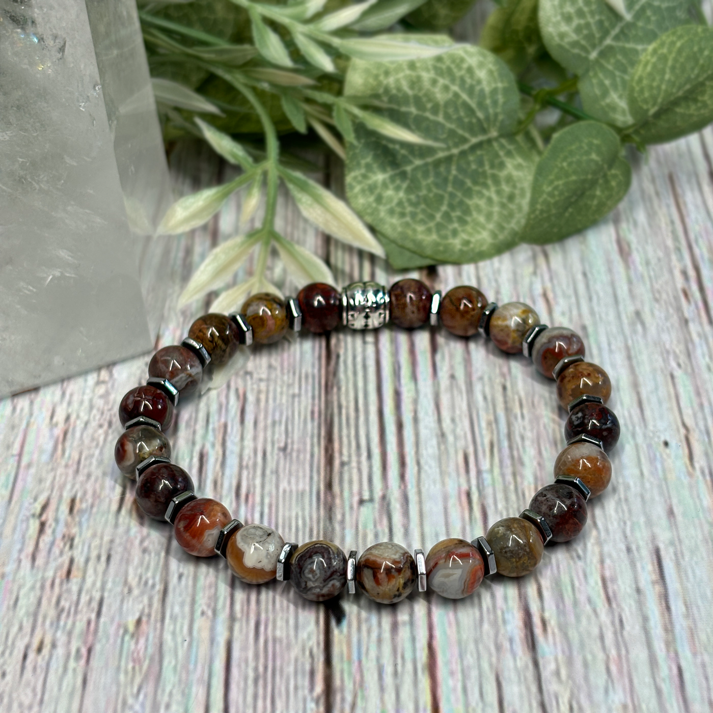 Laguna Lace Agate & Titanium Silver Hematite Stretch Bracelet - Artisan Made