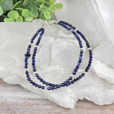 Lapis Beaded Double Strand Adjustable Bracelet or Anklet with Sterling Silver Clasp 7.75" to 9.5"