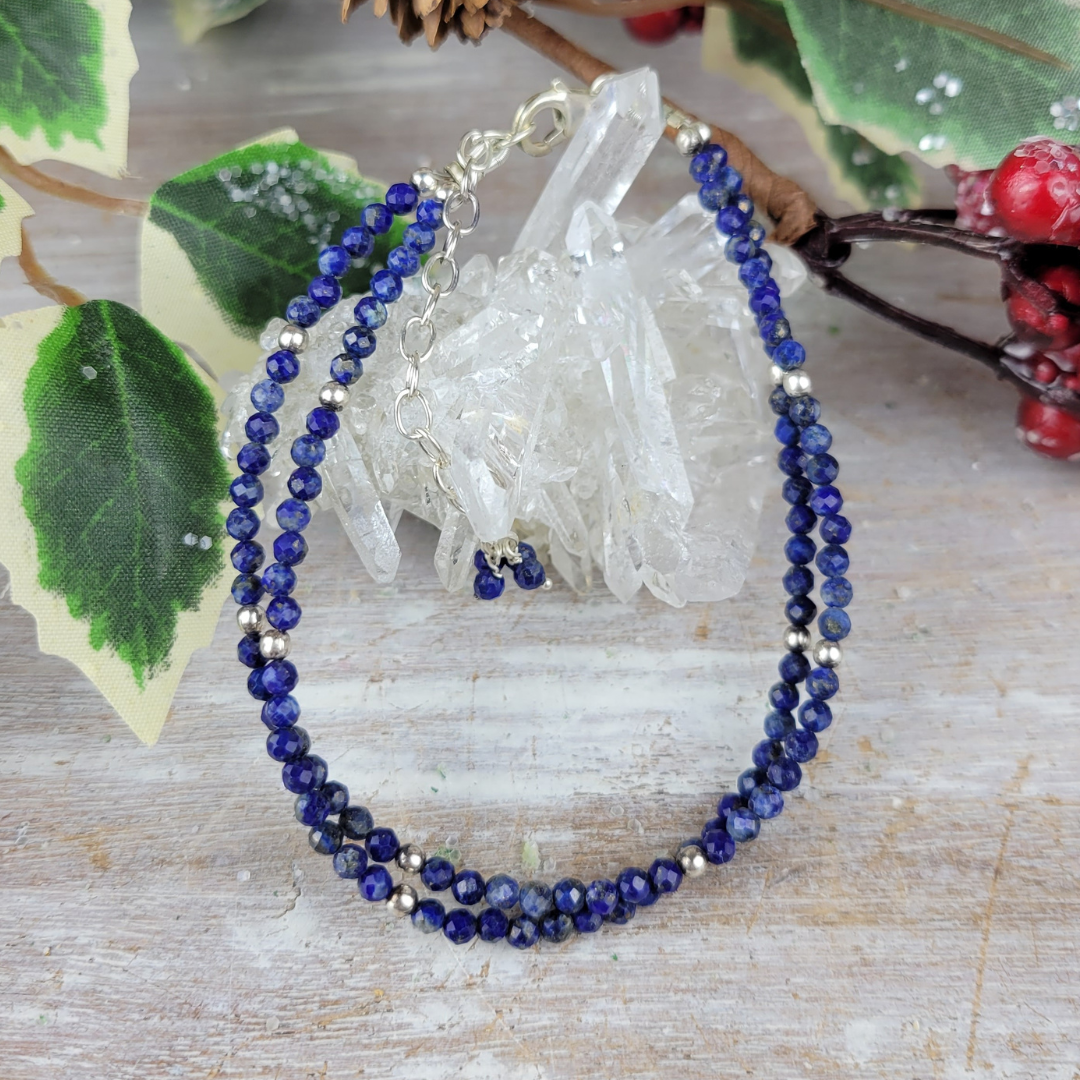 Lapis Beaded Double Strand Adjustable Bracelet or Anklet with Sterling Silver Clasp 7.75" to 9.5"