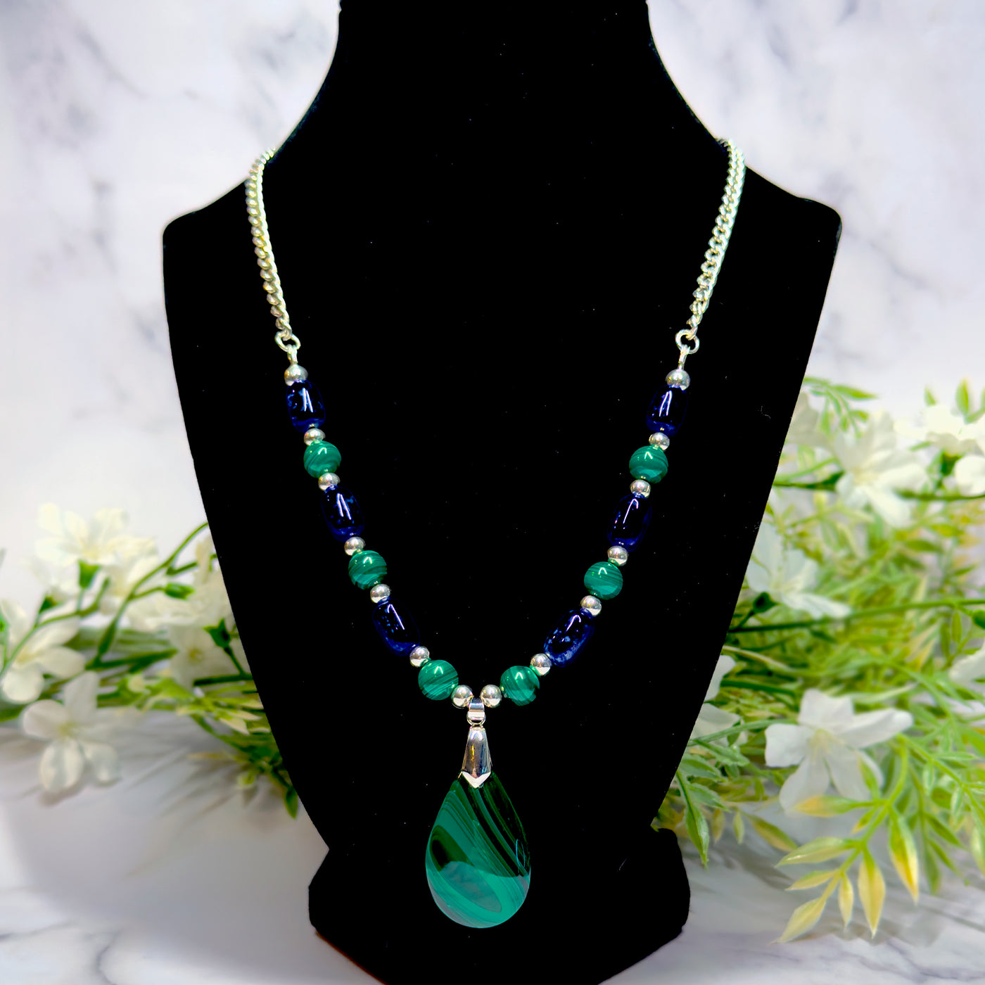 Lapis Lazuli & Malachite Sterling Silver Necklace - Artisan Made