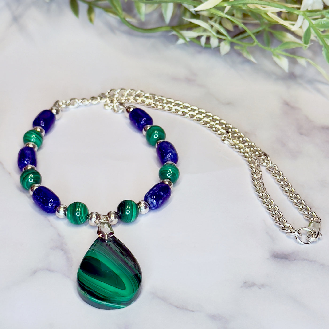 Lapis Lazuli & Malachite Sterling Silver Necklace - Artisan Made