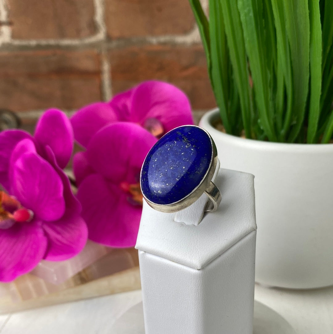 Lapis Lazuli Ring Polished Stone 1" with Adjustable Sterling Silver Band