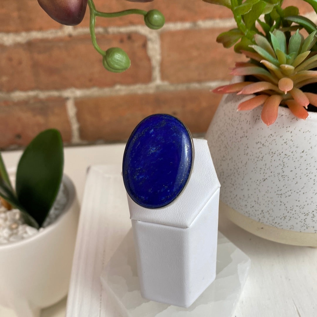 Lapis Lazuli Ring Polished Stone 1" with Adjustable Sterling Silver Band