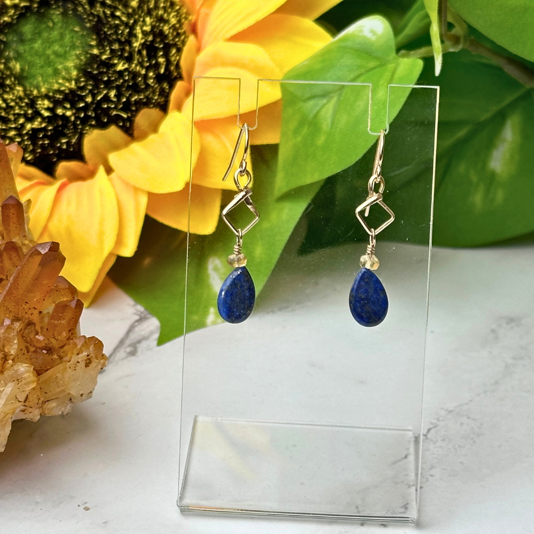 Lapis Lazuli and Citrine Teardrop Dangle Earrings - Artisan Made