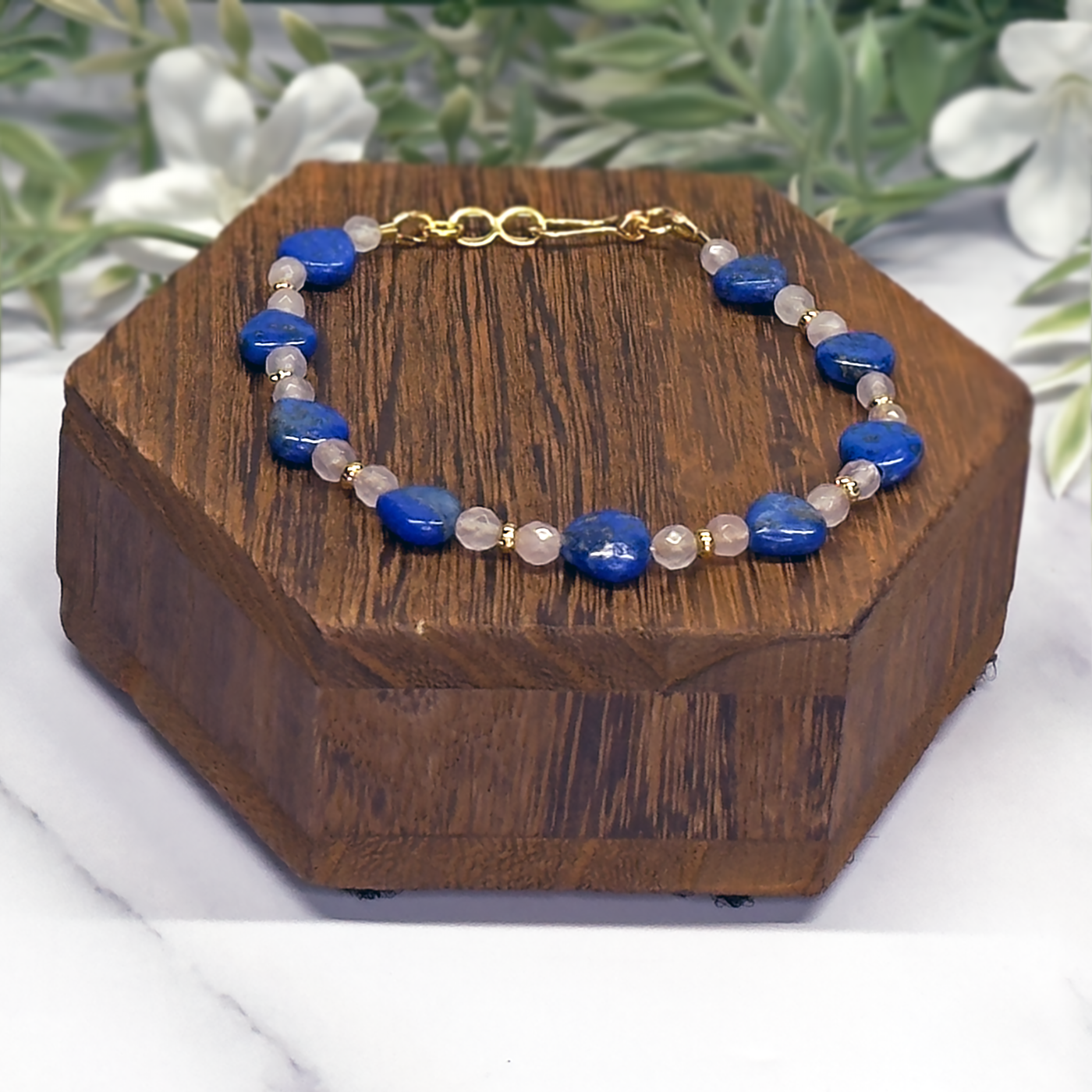 Lapis, Rose Quartz and Gold-Plated Rondel Clasp Bracelet - Artisan Made