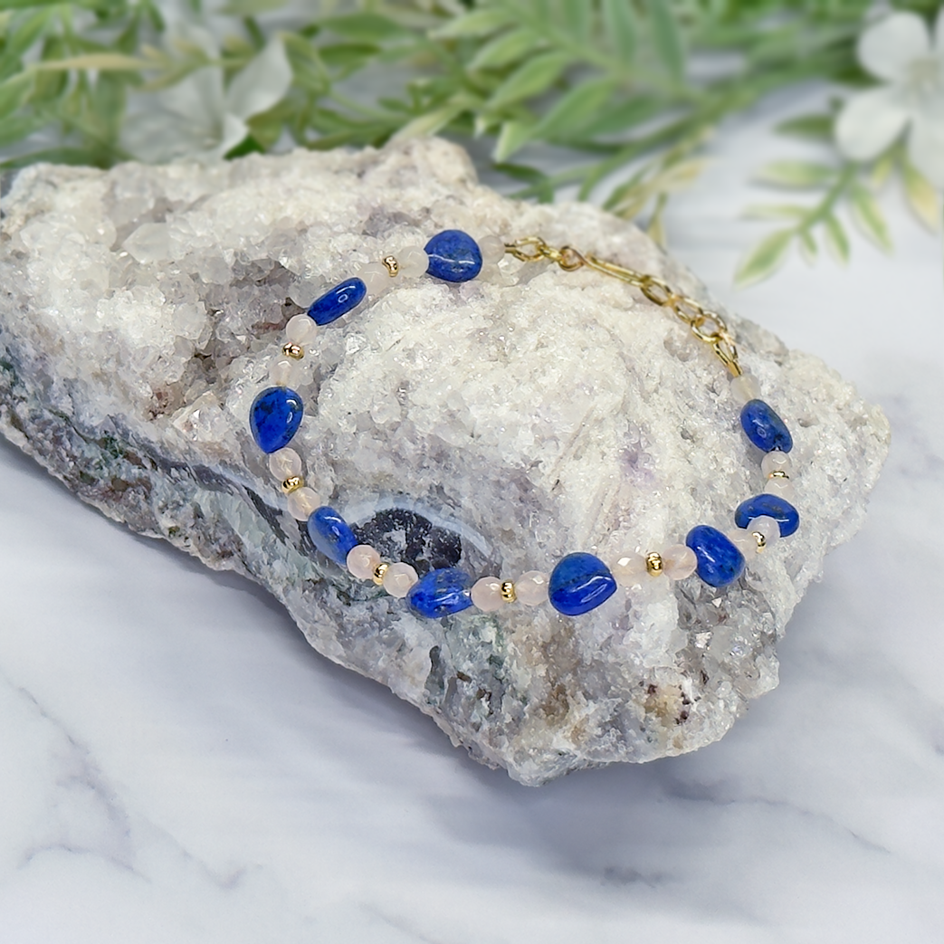 Lapis, Rose Quartz and Gold-Plated Rondel Clasp Bracelet - Artisan Made
