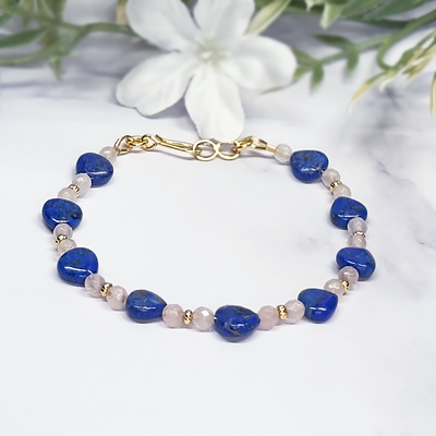 Lapis, Rose Quartz and Gold-Plated Rondel Clasp Bracelet - Artisan Made